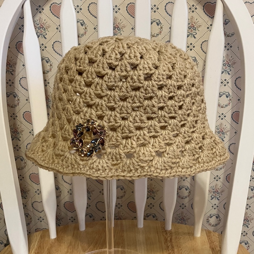 Elegant Tan Handmade Crochet Bucket Hat with Brooch